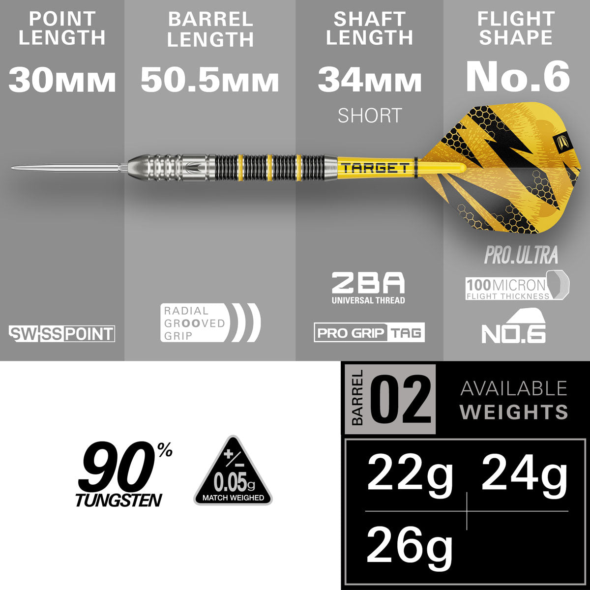 Target Buzz SP02 90% Swiss Point steel-tip darts – dimensions and specifications