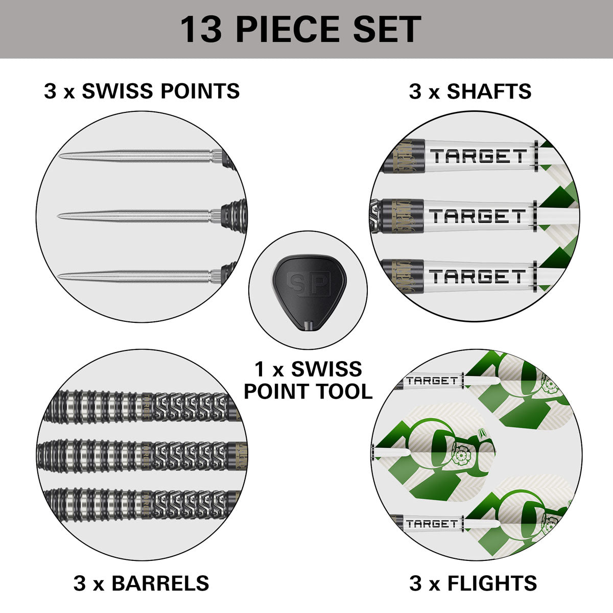Target Charlie Manby 95% Swiss Point steel-tip darts – box contents