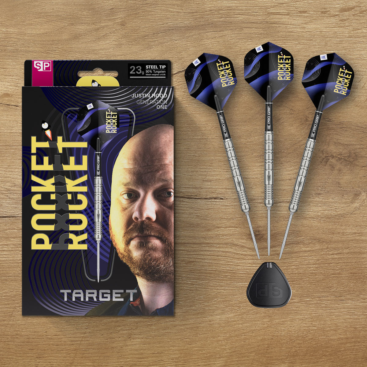 Target Justin Hood 90% Swiss Point steel-tip darts – lifestyle image
