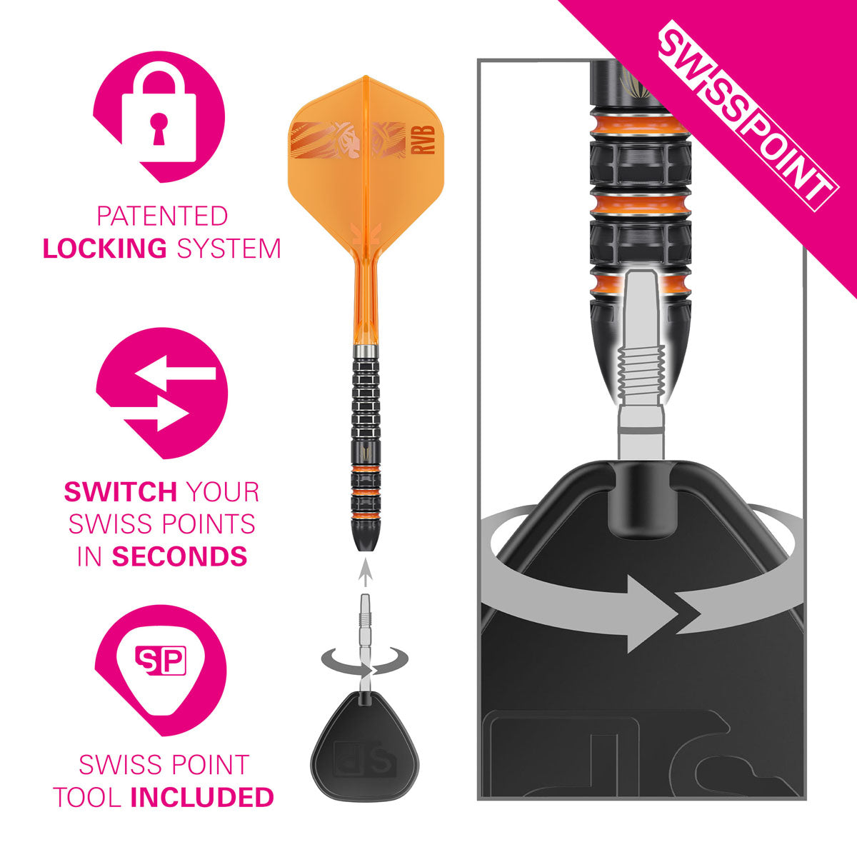 Target Raymond van Barneveld RVB 95K Swiss Point 95% tungsten steel-tip darts – Swiss Point system detail