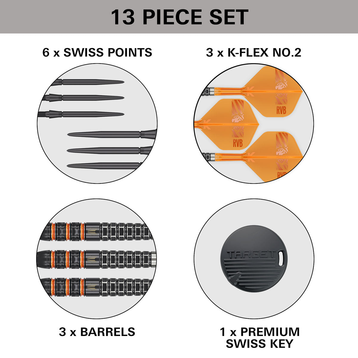 Target Raymond van Barneveld RVB 95K Swiss Point 95% tungsten steel-tip darts – box contents