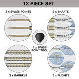 Target Adrian Lewis Showdown 95% Swiss Point steel-tip darts – box contents