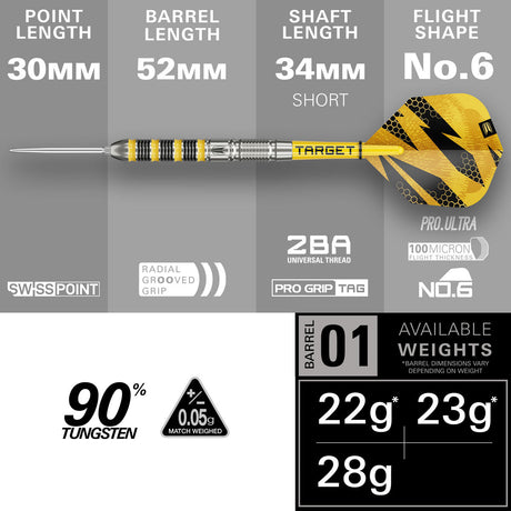 Target Buzz SP01 90% Swiss Point steel-tip darts – dimensions and specifications