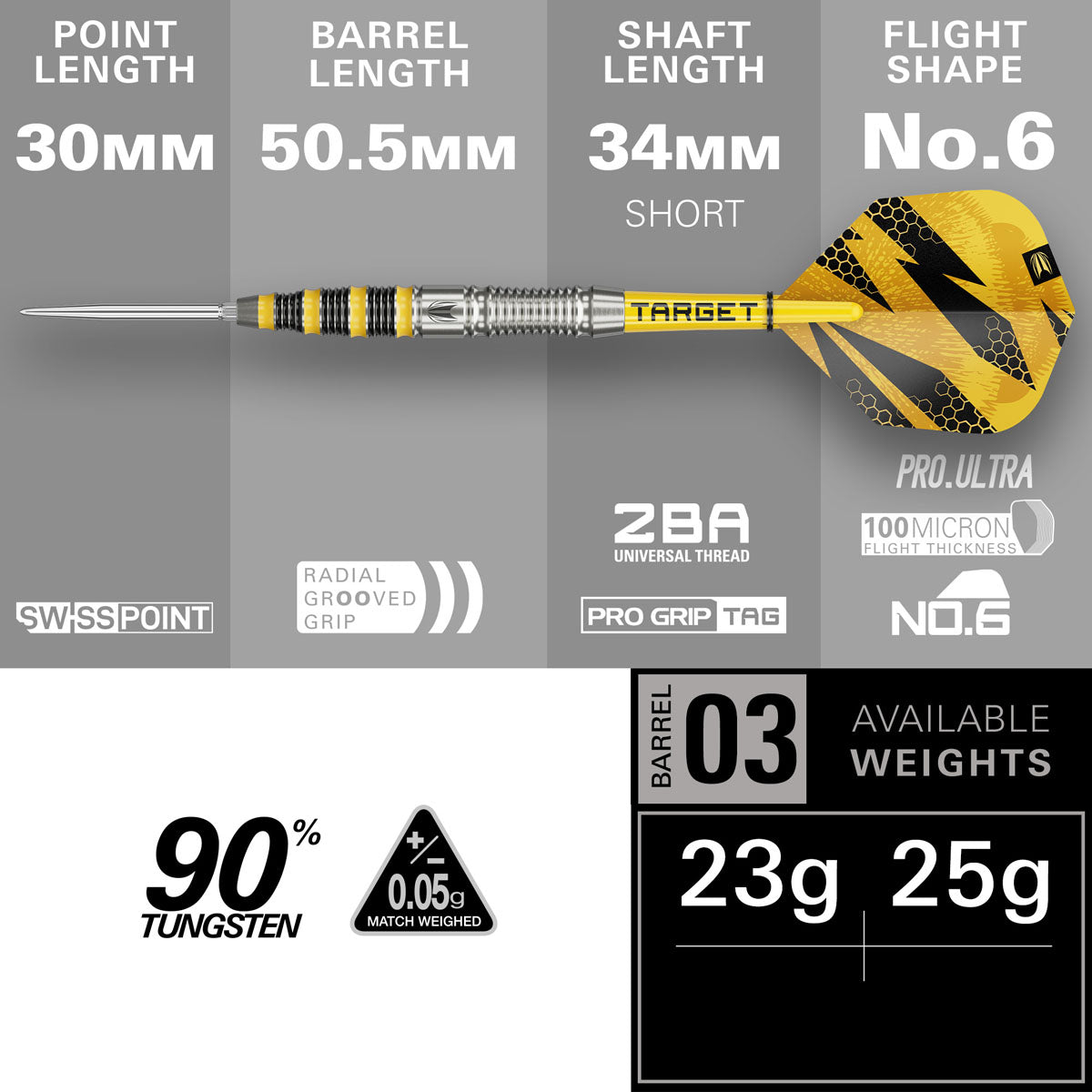 Target Buzz SP03 90% Swiss Point steel-tip darts – dimensions and specifications