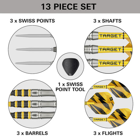 Target Buzz SP03 90% Swiss Point steel-tip darts – box contents