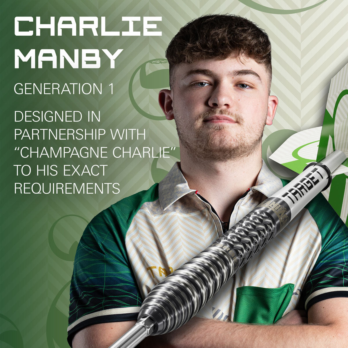 Target Charlie Manby 95% Swiss Point steel-tip darts – player promotional image