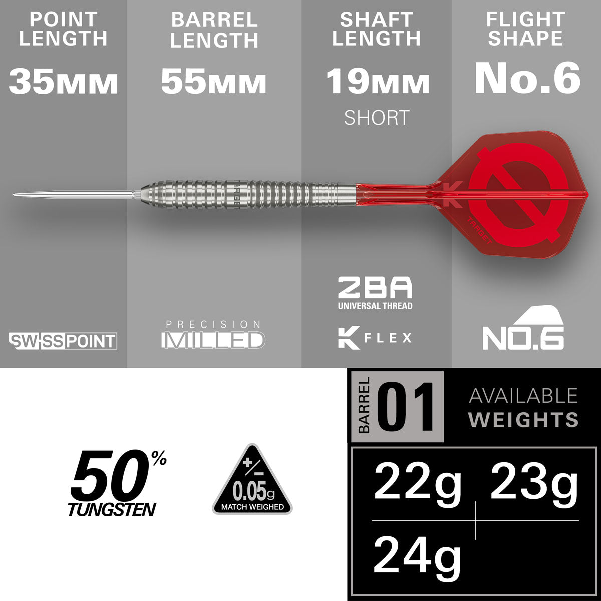 Target GROUP O 01 50% Swiss Point steel-tip darts – barrel dimensions and specifications