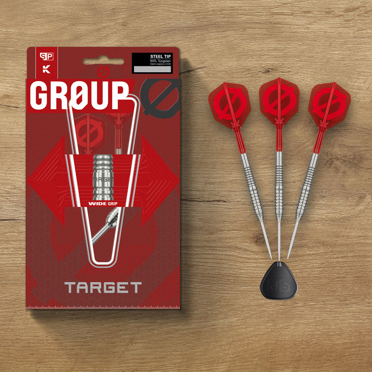 Target GROUP O 01 50% Swiss Point steel-tip darts – lifestyle image