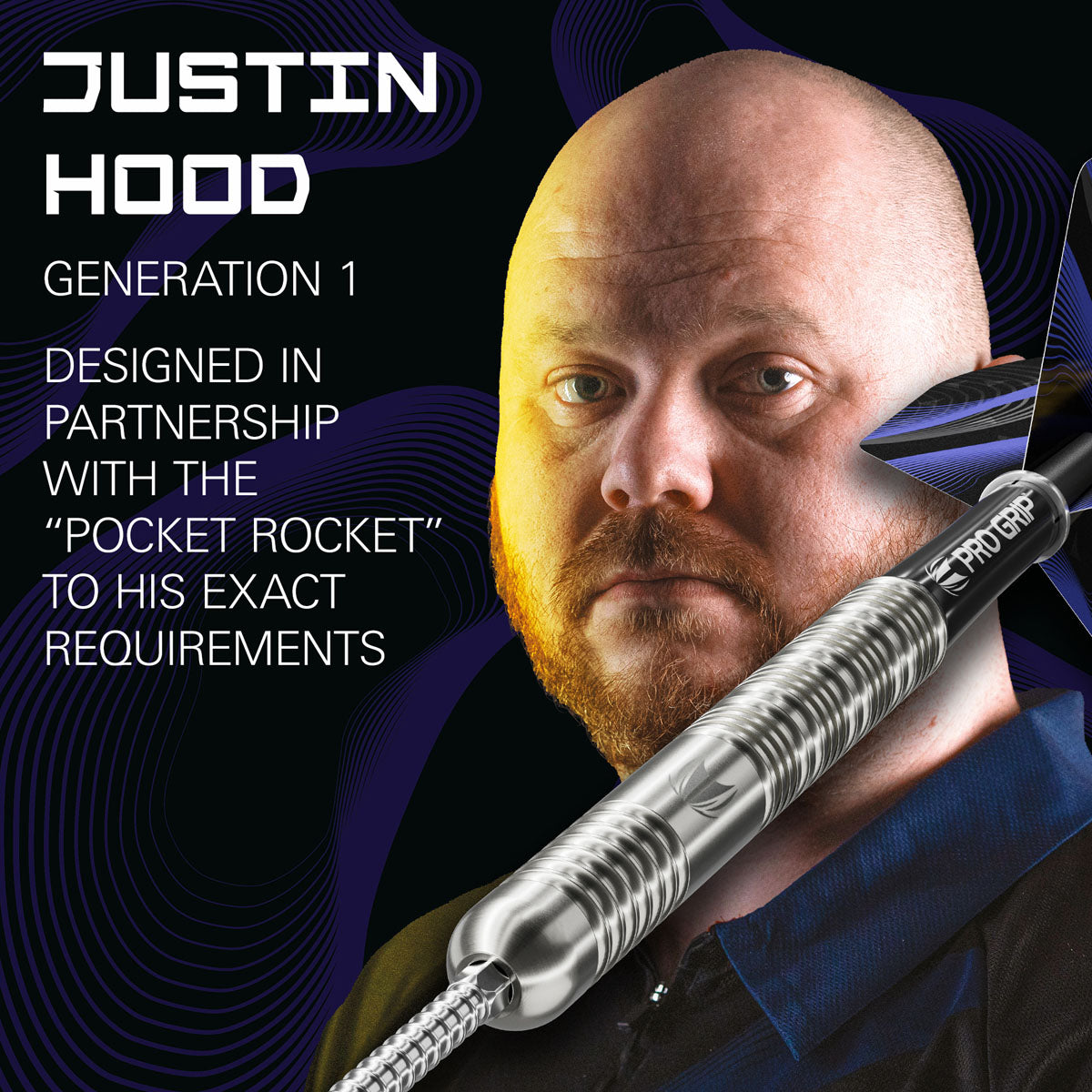 Target Justin Hood 90% Swiss Point steel-tip darts – player promotional image