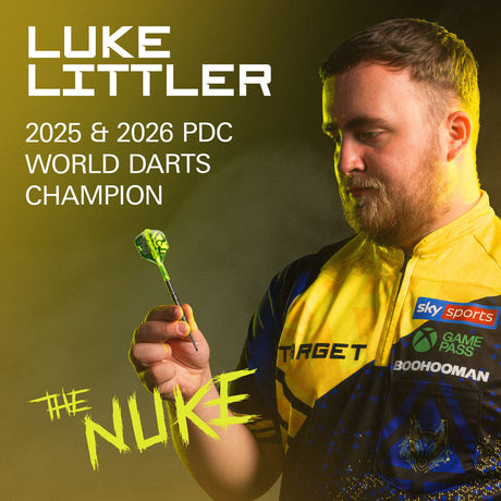 Target Luke Littler Nuke Fallout 90% Swiss Point steel-tip darts – player promotional image