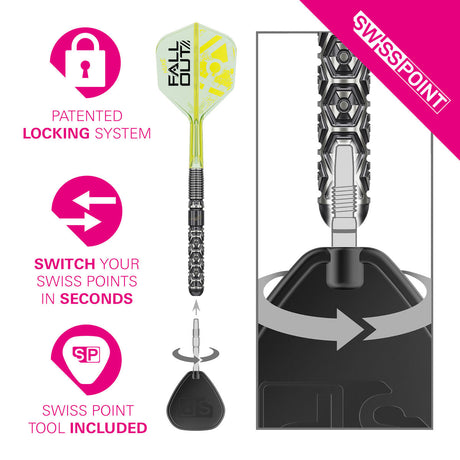 Target Luke Littler Nuke Fallout 90% Swiss Point steel-tip darts – Swiss Point system detail
