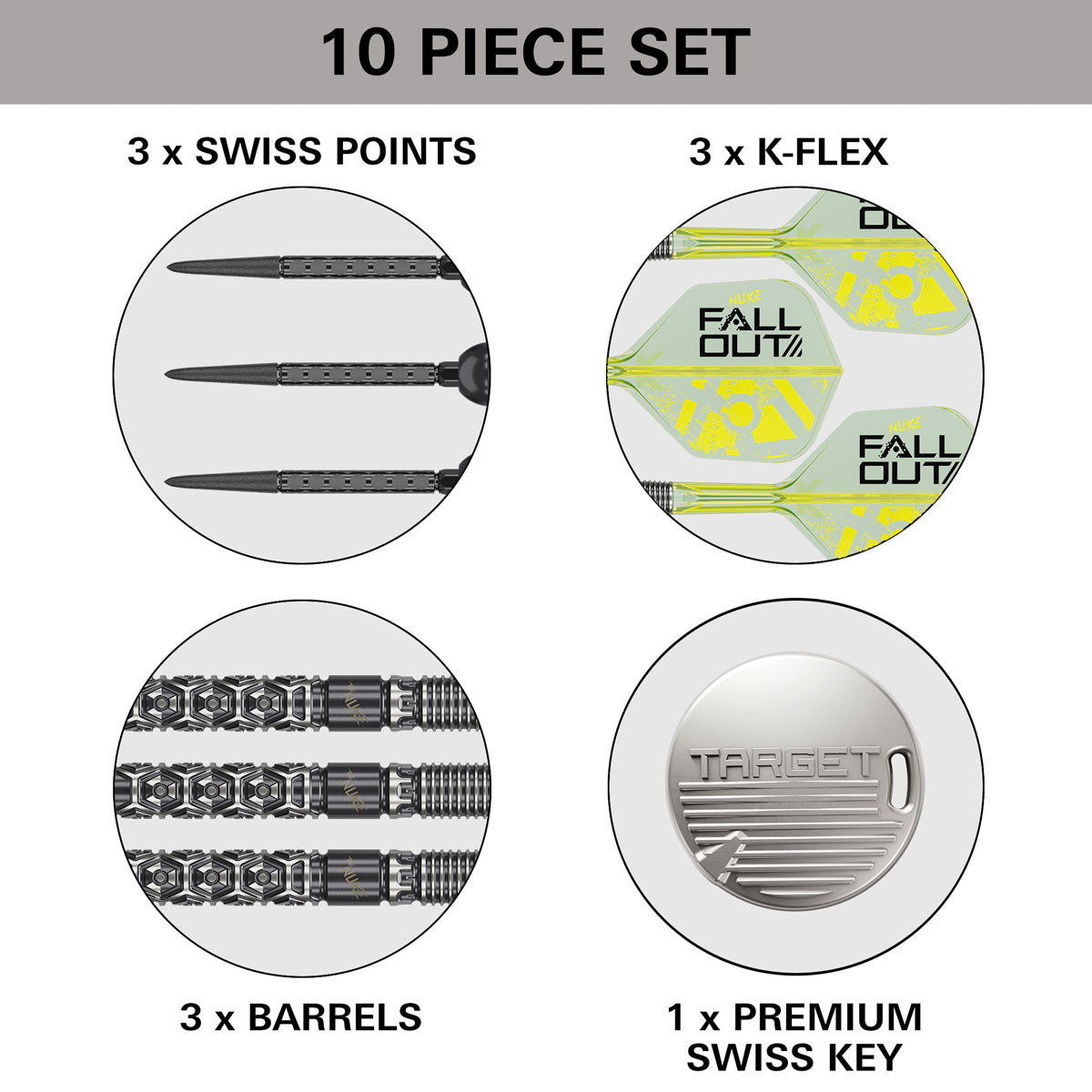 Target Luke Littler Nuke Fallout 90% Swiss Point steel-tip darts – box contents