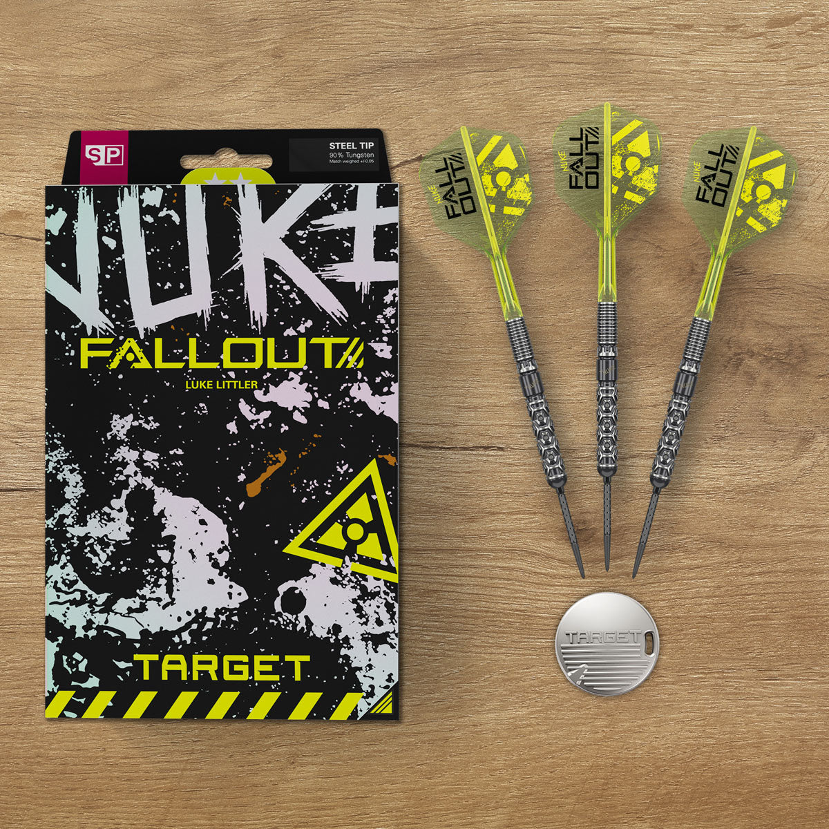 Target Luke Littler Nuke Fallout 90% Swiss Point steel-tip darts – lifestyle image